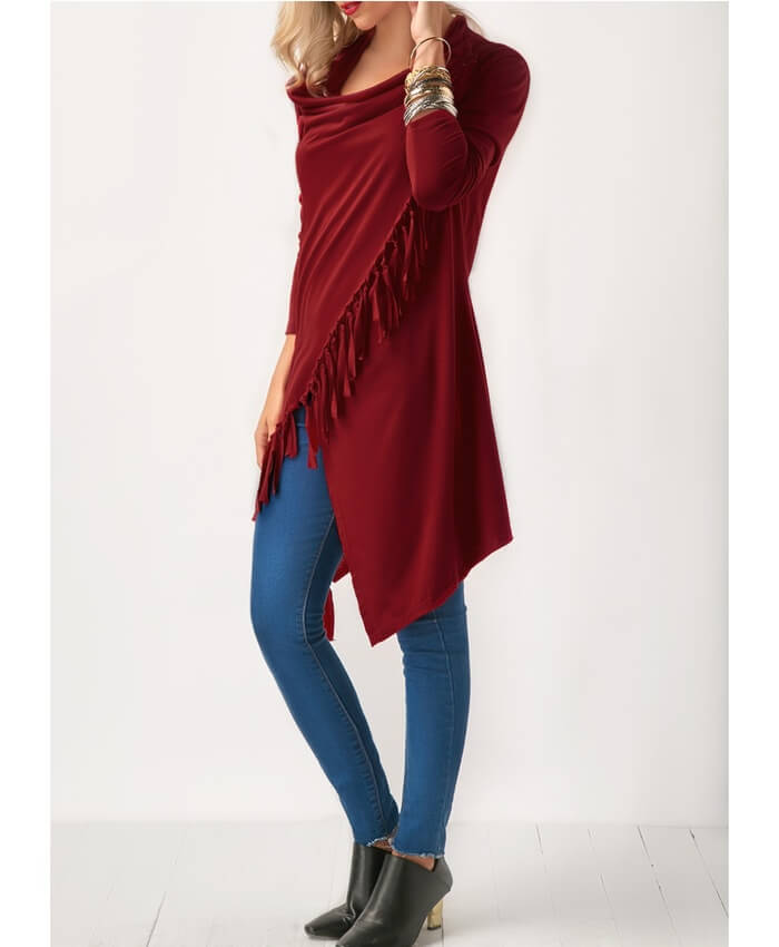 Wine Red Long Sleeve Asymmetric Hem Tassel T Shirt